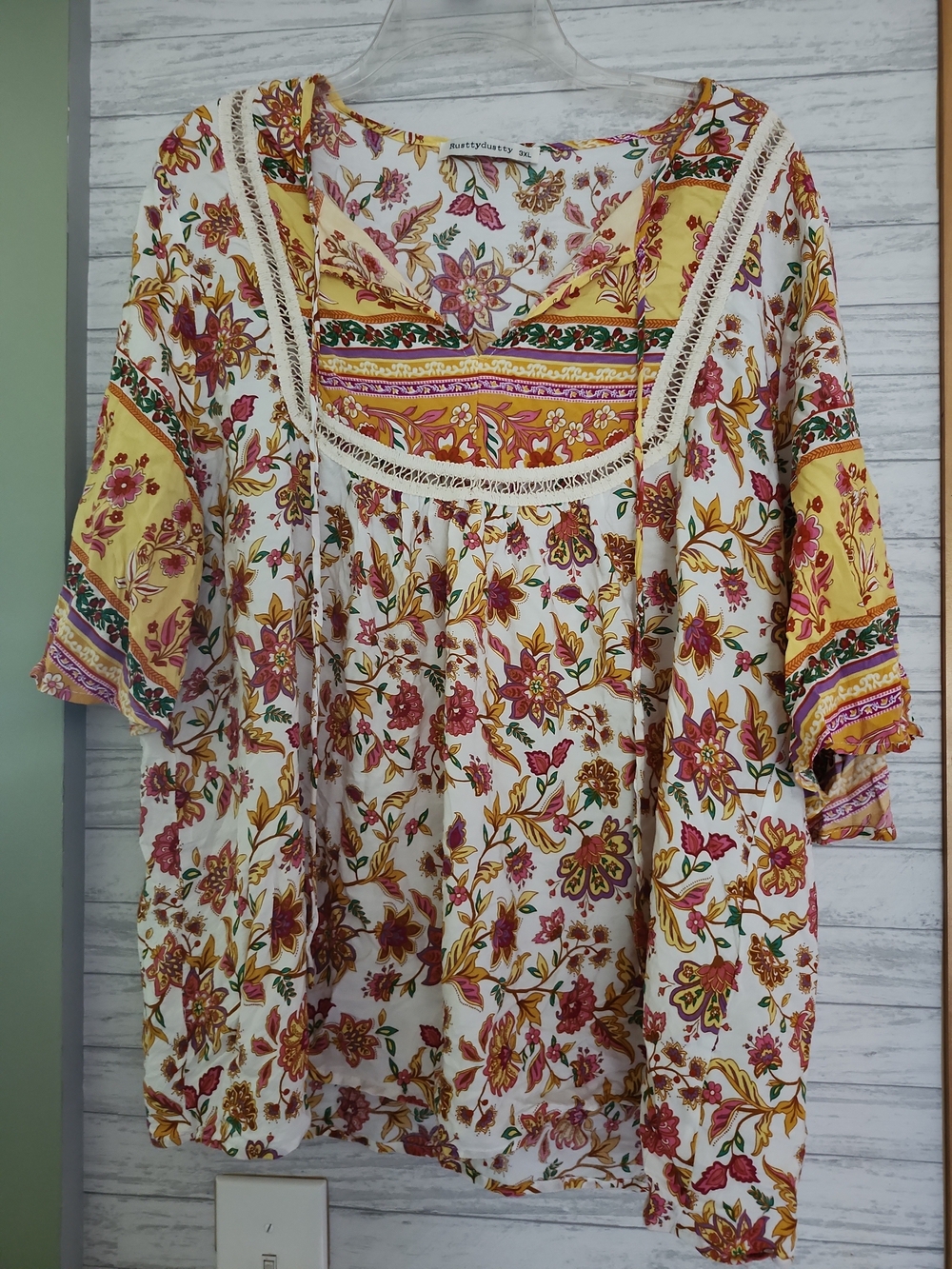 Rusttydustty 3XL Floral Tunic Blouse Boho Fairy Whimsical Peasant Yellow White